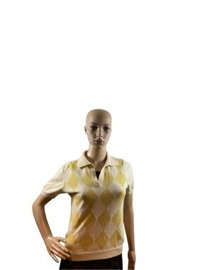 Barneys New York Yellow & Cream Argyle Polo Knit Top - Women